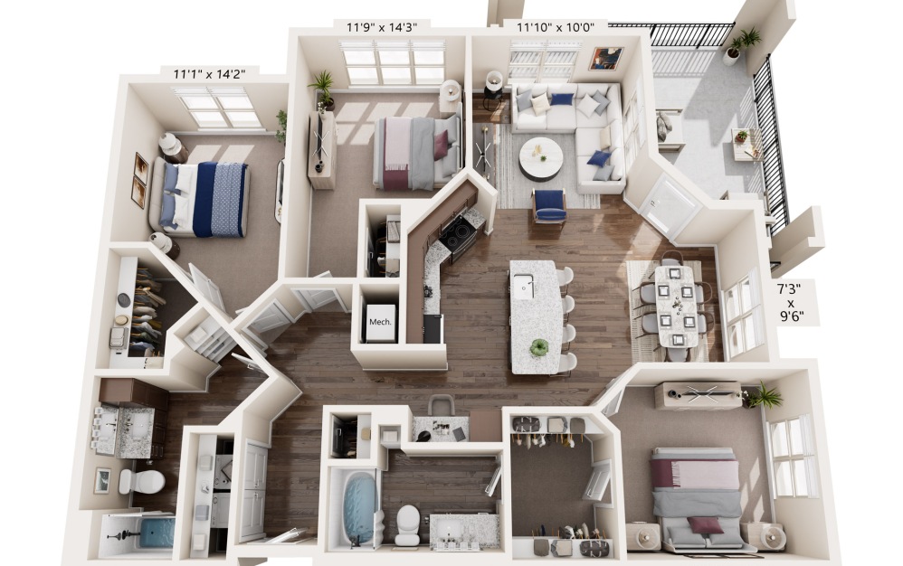 400 Belmont three bedroom floor plan