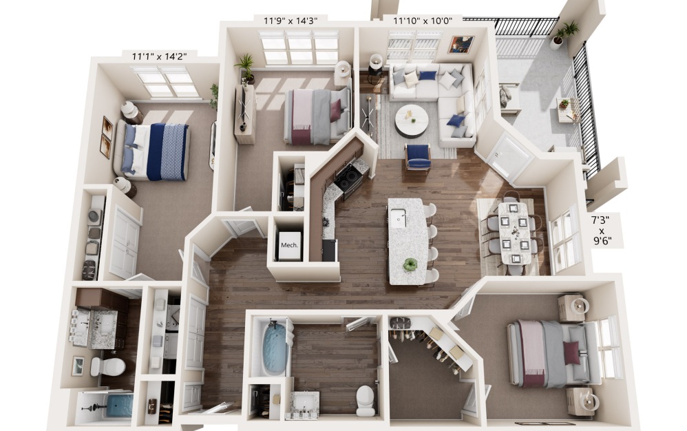 400 Belmont three bedroom floor plan