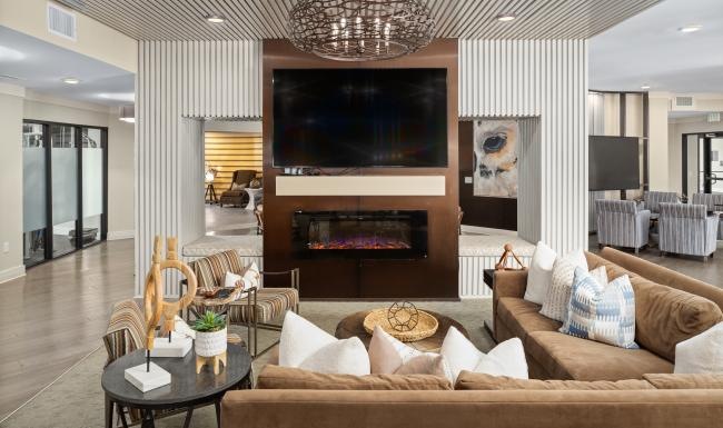 a living room with a fireplace